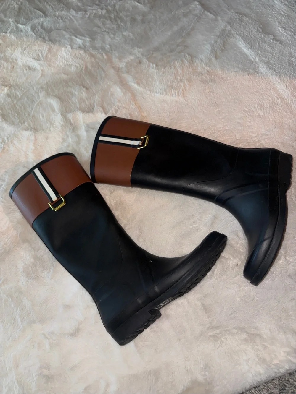Tommy Hilfiger Black and Brown Tall Rain Boots with Stripe Accent
